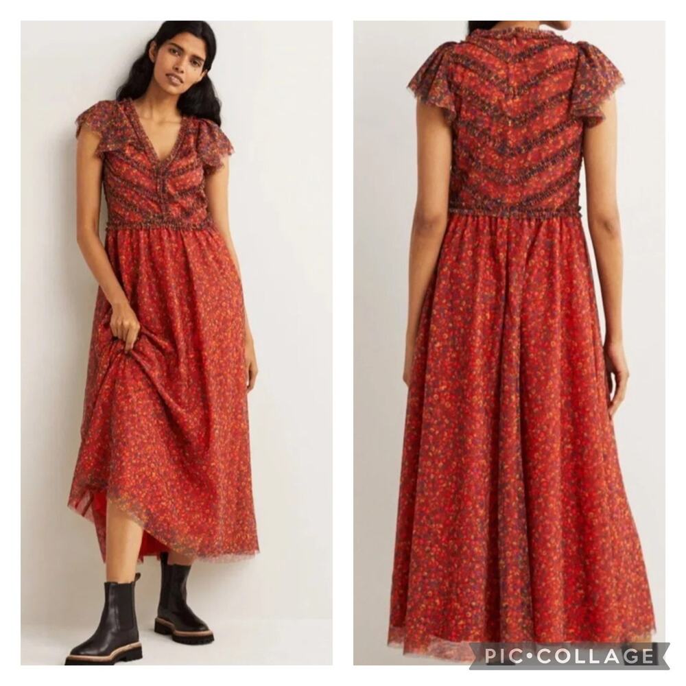 Boden Red Floral Midi Dress Ruffled Bodice NEW Size 10 Petite